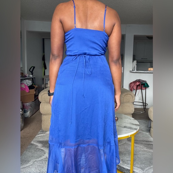 Royal Blue Chiffon Wrap Midi Dress | Flowy Ruffle Hem | Size M - Picture 9 of 12